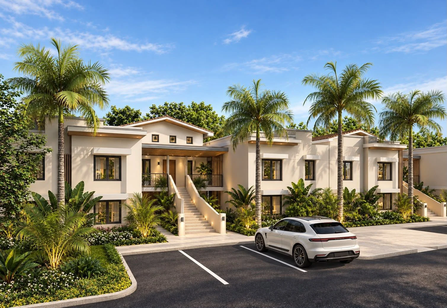 Perspectiva de arquitectura tropical contemporánea para las villas propuesta, con balcones, palmas y acceso peatonal