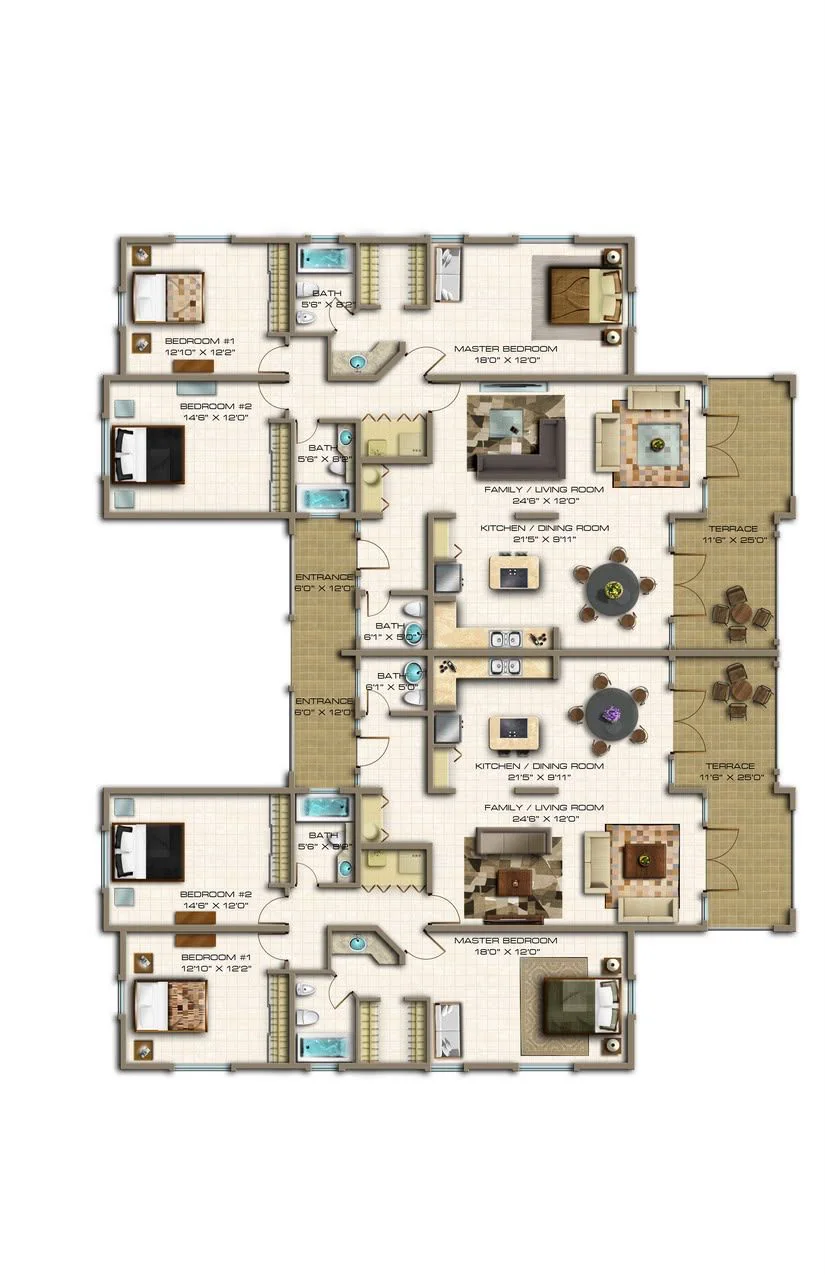 Plano conceptual de una villa con dos apartamentos tipo espejo, cada uno con tres habitaciones, áreas sociales, cocina y terraza